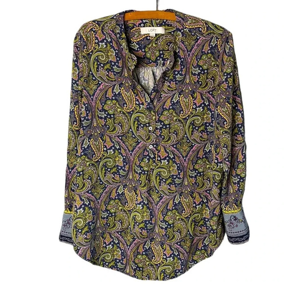 LOFT Women’s Border Paisley Henley Top Size Medium - Picture 2 of 9
